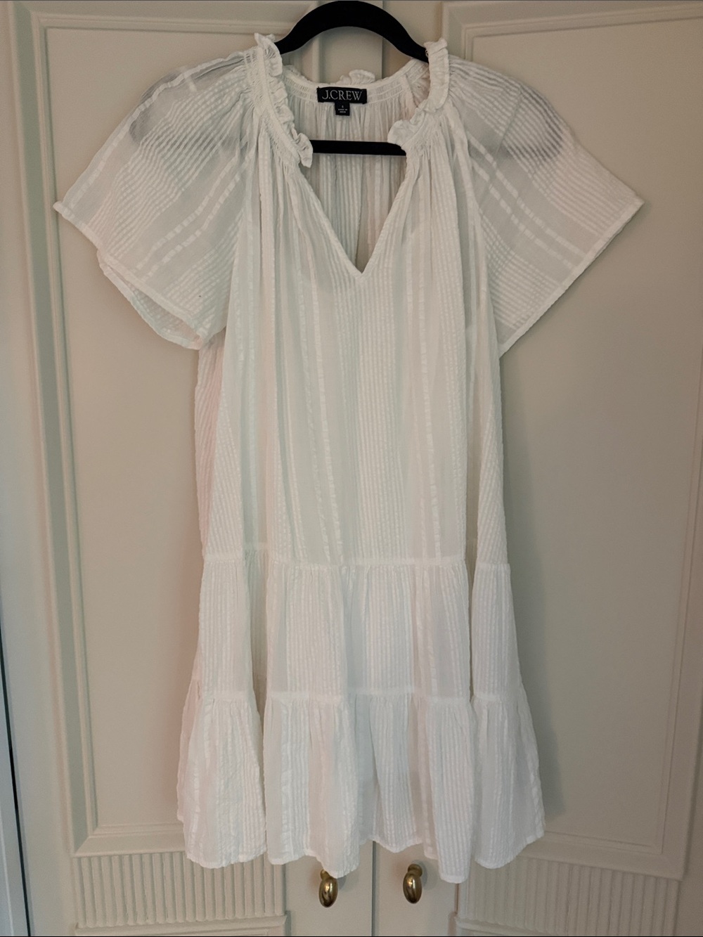 J. Crew White Tiered V-Neck Ruffle Dress